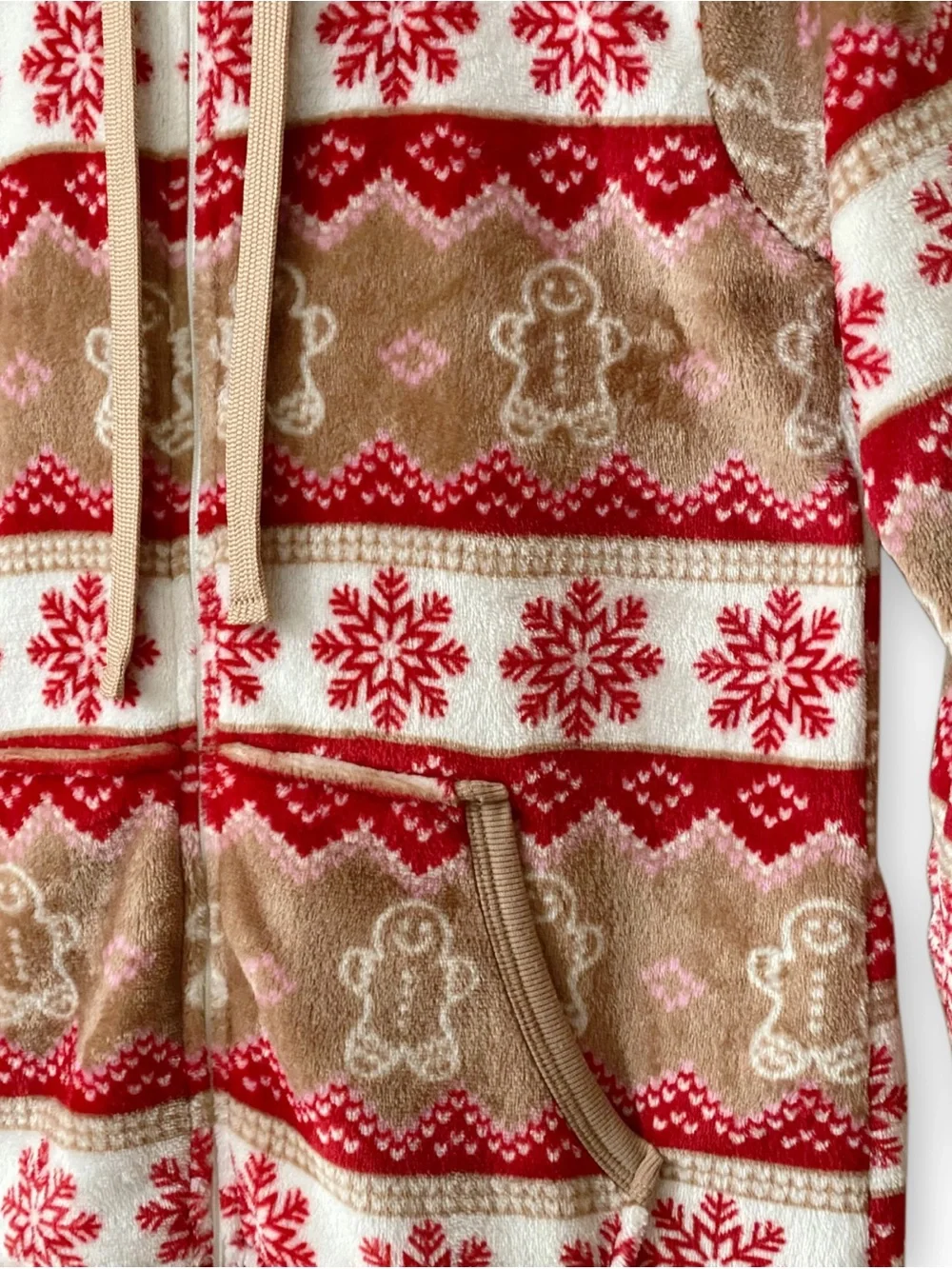 Holiday Time Womens XS 0-2 One Piece Pajamas Gingerbread Snowflake Hooded Fleece